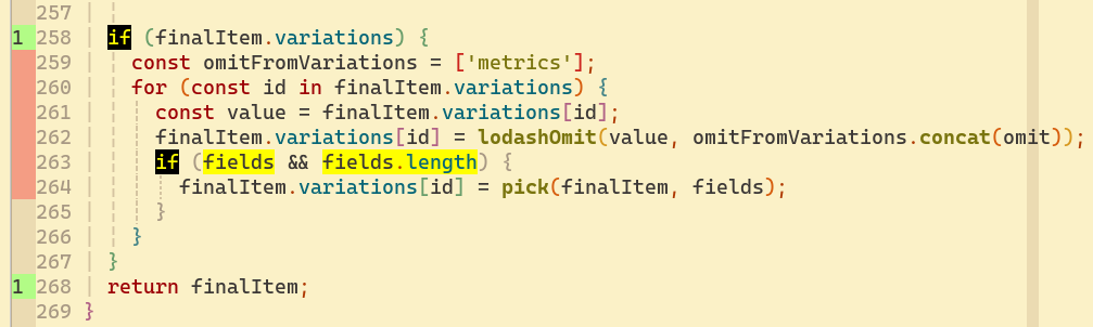 Figure 1: Green highlight in the sign column is a covered statement, count is how many times it was covered. Red sign column is an uncovered statement. Black and yellow is an if path not taken. Yellow is an uncovered branch.